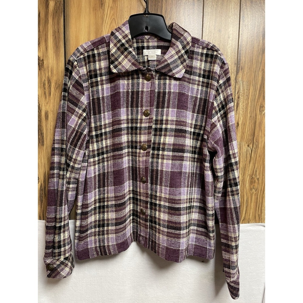 Christopher & Banks Med Plaid  Jacket Metal Button Front Peter Pan Collar Purple